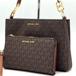 Michael Kors Trisha MD Triple Compartment Bag & Double Zip Wallet Set Brown